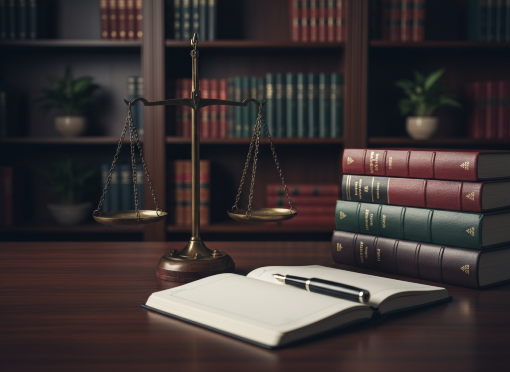 Koyu lacivert hukuk ofisinde pirinç adalet terazisi ve deri ciltli hukuk kitapları